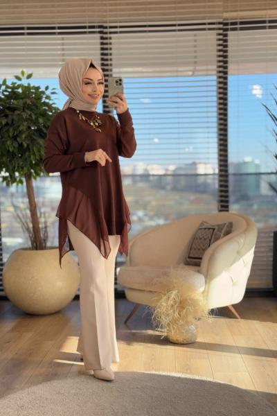 140185 Yırtmaçları Şifon Detaylı Triko Tunik Kahve