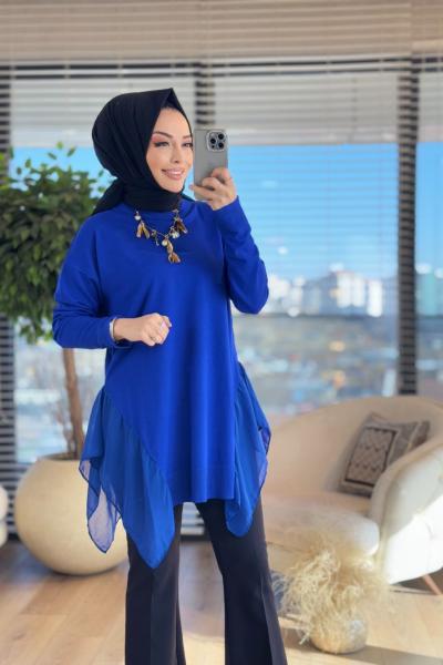 140185 Yırtmaçları Şifon Detaylı Triko Tunik Saks