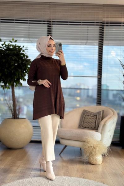 140228 Ön Kendinden Desenli Triko Tunik Kahve