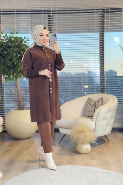 140289 Angora Hakim Yaka Çıtçıtlı Hırka Kahve