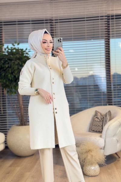 140289 Angora Hakim Yaka Çıtçıtlı Hırka Ekru
