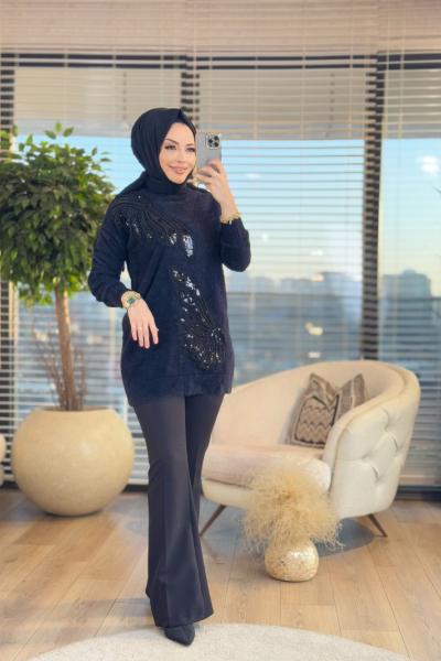 140297 Angora Boncuk Tül Detaylı Triko Tunik Siyah