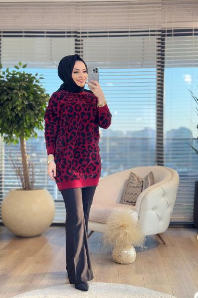 140302 Angora Leopar Desen Triko Uzun Tunik Bordo