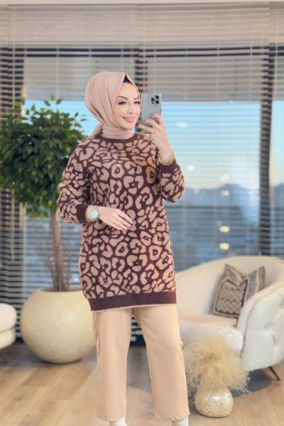 140302 Angora Leopar Desen Triko Uzun Tunik Latte