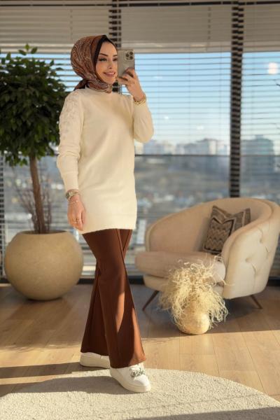 140308 Angora Omuz Boncuk Nakışlı Triko Tunik Ekru