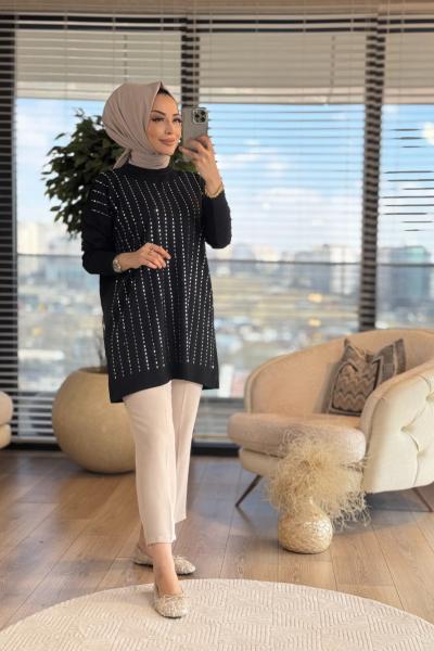 140310 Tuşe Düz Taşlı Triko Tunik Siyah