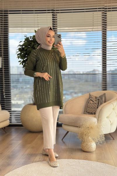 140310 Tuşe Düz Taşlı Triko Tunik Haki