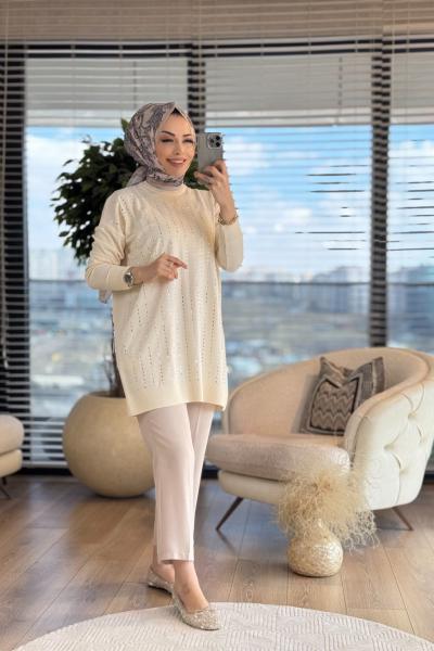 140310 Tuşe Düz Taşlı Triko Tunik Ekru