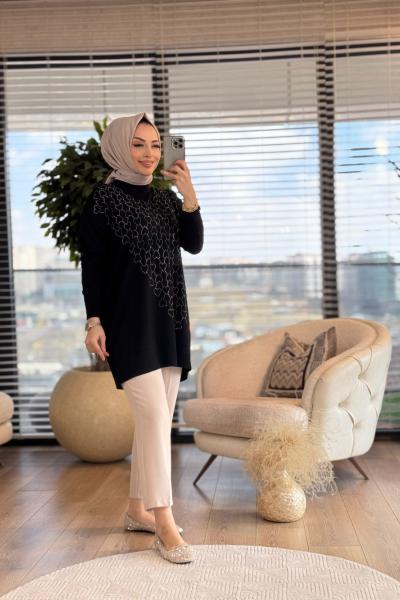 140315 Kalp Desen Taşlı Triko Tunik Siyah