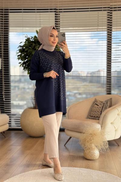 140315 Kalp Desen Taşlı Triko Tunik Lacivert