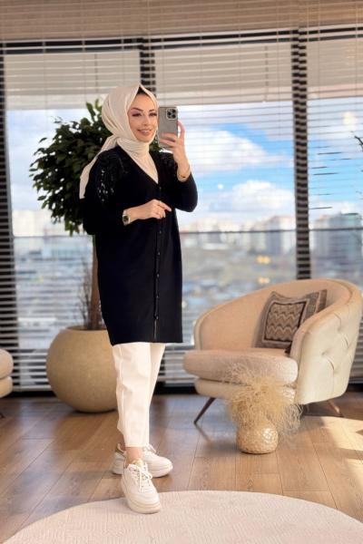 140321 Omuzları Boncuk Detaylı Hırka Siyah