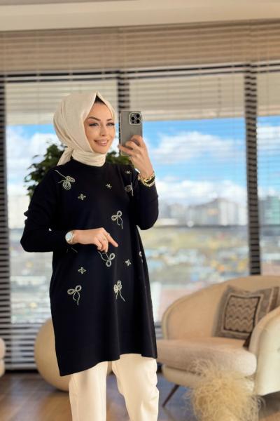 140322 Merserize Fiyonk Boncuk İşli Tunik Siyah