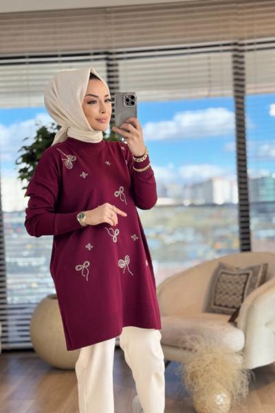 140322 Merserize Fiyonk Boncuk İşli Tunik Bordo