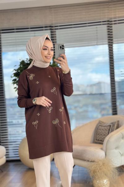 140322 Merserize Fiyonk Boncuk İşli Tunik Kahve