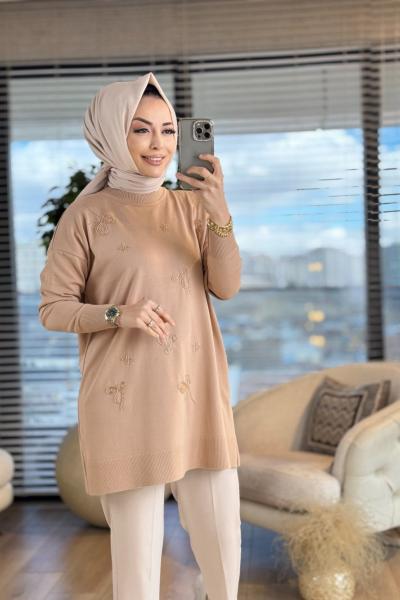 140322 Merserize Fiyonk Boncuk İşli Tunik Latte