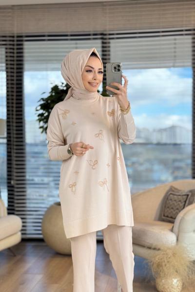 140322 Merserize Fiyonk Boncuk İşli Tunik Bej