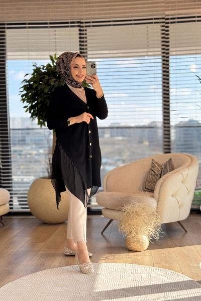 140328 Eteği Şifon Detaylı Düğmeli Hırka Siyah