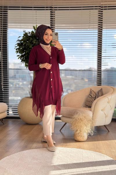 140328 Eteği Şifon Detaylı Düğmeli Hırka Bordo