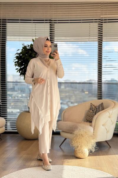 140328 Eteği Şifon Detaylı Düğmeli Hırka Ekru