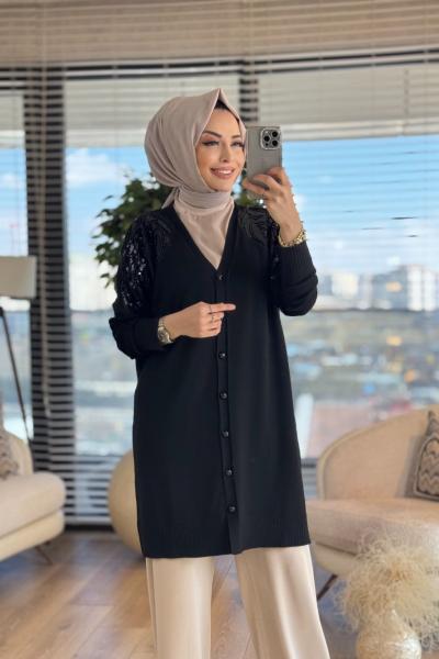 140331 Omuz Nakış Detaylı Hırka Siyah