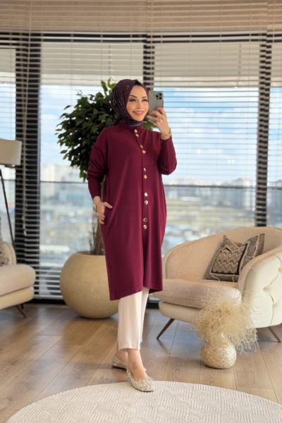 140333 Merserize Çıtçıtlı Cep Detaylı Hırka Bordo