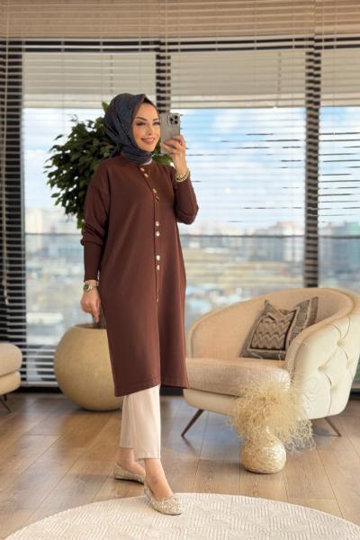 140333 Merserize Çıtçıtlı Cep Detaylı Hırka Kahve