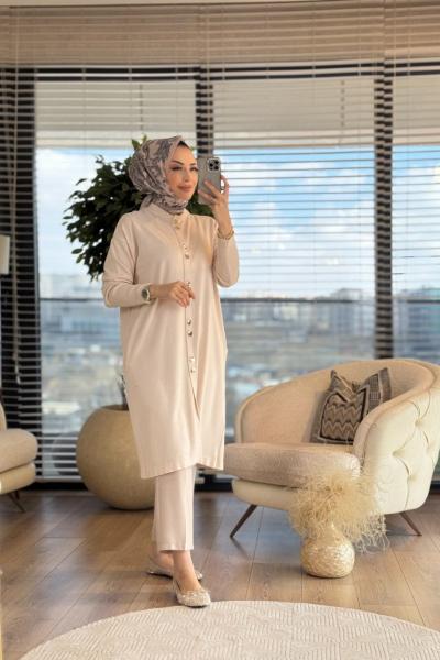 140333 Merserize Çıtçıtlı Cep Detaylı Hırka Ekru