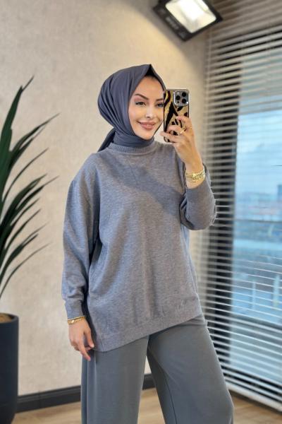 140470 Sıfır Yaka Triko Tunik Gri