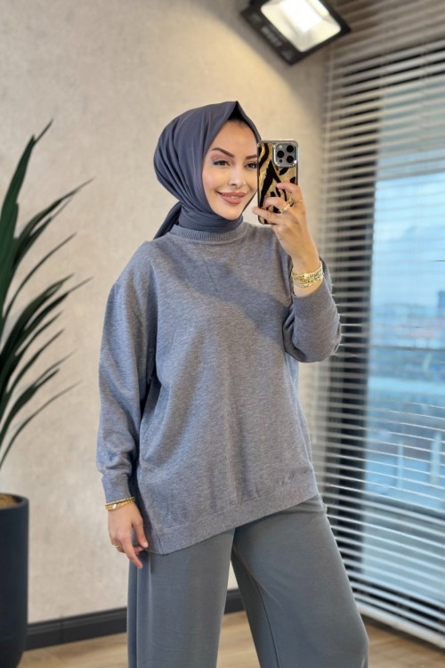 140470 Sıfır Yaka Triko Tunik Gri