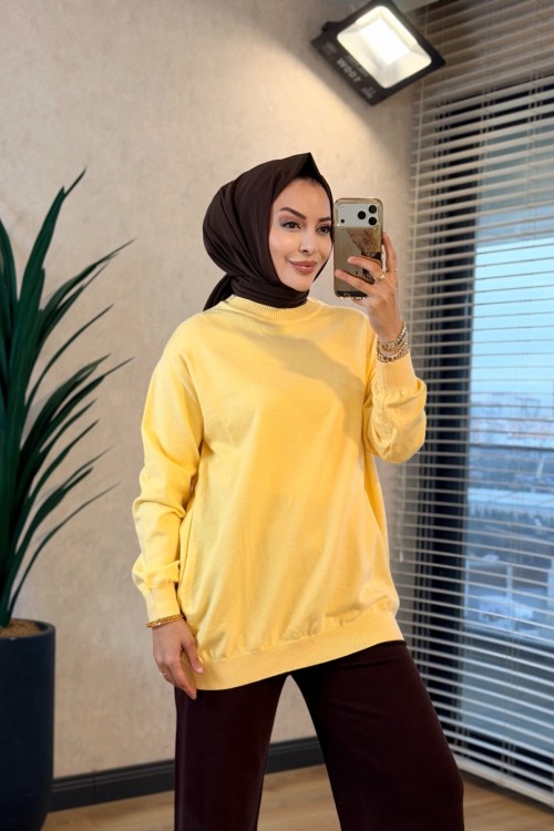 140470 Sıfır Yaka Triko Tunik Sarı