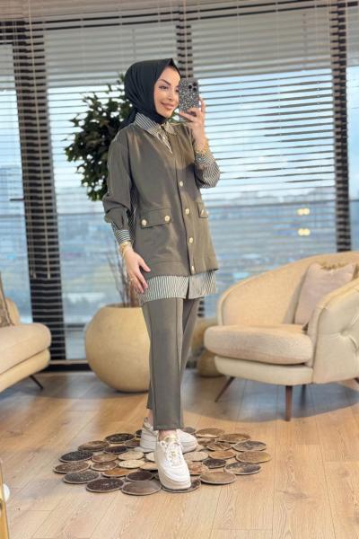 1405 Gömlek Üstü Yelek Detaylı Takım Haki