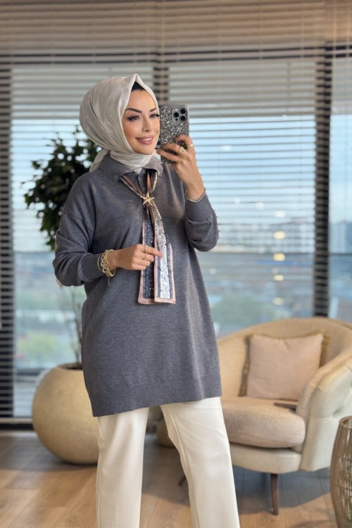 140506 Korsman Flarlı Triko Tunik Gri