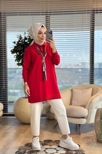 140506 Korsman Flarlı Triko Tunik Kırmızı