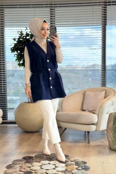 140508 Angora Uzun Yelek Lacivert