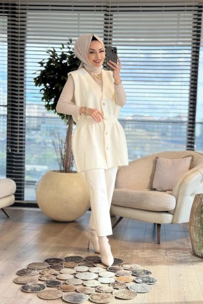 140508 Angora Uzun Yelek Ekru