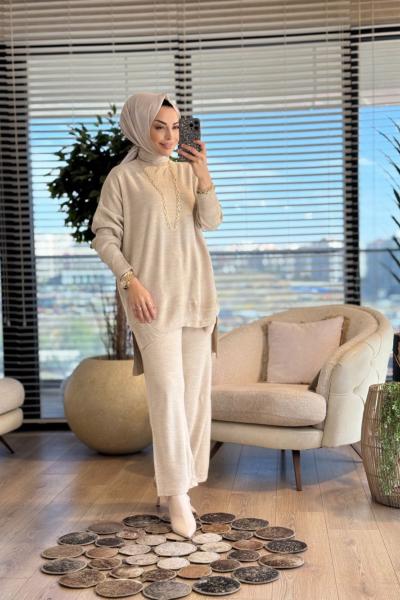 14051 İnterlok Efil Triko Pantolon Takım Bej
