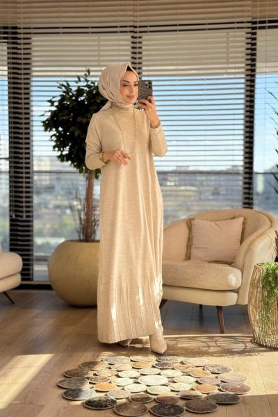 14052 Plose Triko Elbise Bej