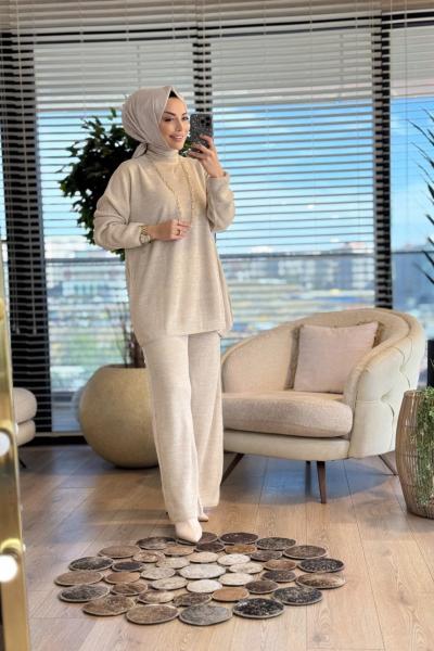 14053 Selanik Triko Pantolon Takım Bej