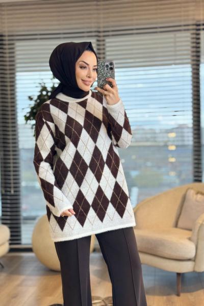 140542 Baklava Desenli Simli Tunik Ekru  Kahve