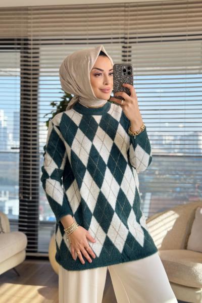 140542 Baklava Desenli Simli Tunik Petrol