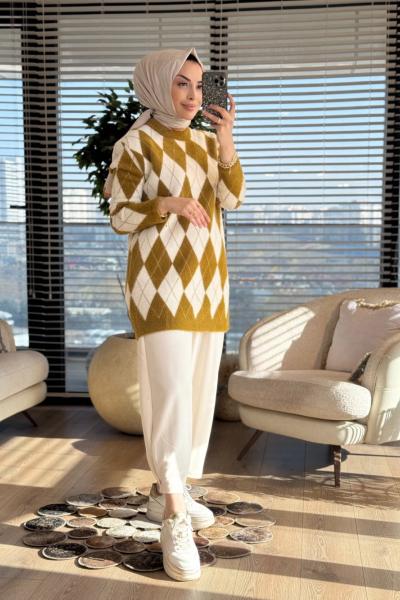 140542 Baklava Desenli Simli Tunik Ekru Yağ yeşili