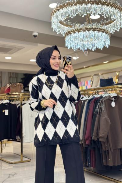 140542 Baklava Desenli Simli Tunik Ekru Siyah