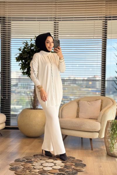 1408 Ön Ve Kolu İp Geçmeli Triko Pantolonlu Takım Ekru