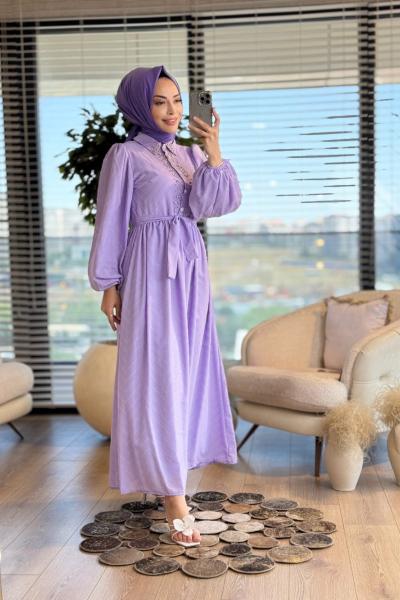 1412 Şifon Zikzak Desenli Patı Taşlı Elbise Lila