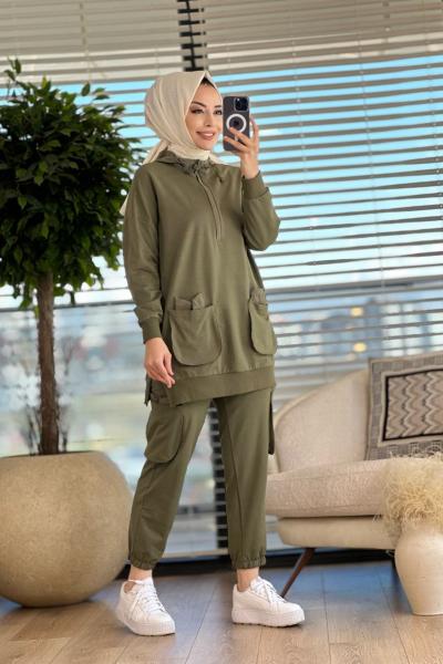 14187 Ön 2 Cepli Patı Fermuarlı Kapşonlu Takım Haki