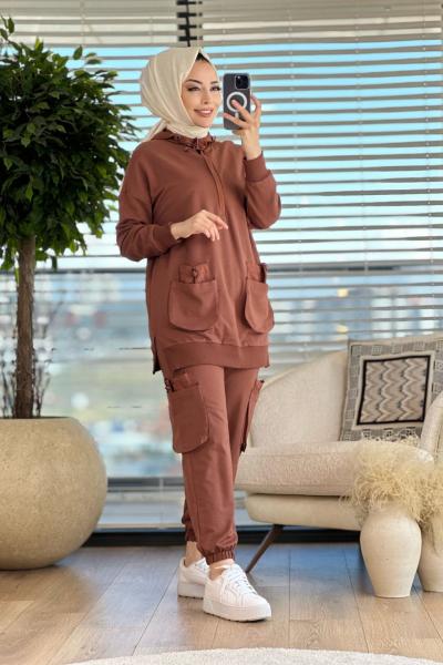 14187 Ön 2 Cepli Patı Fermuarlı Kapşonlu Takım Kahve