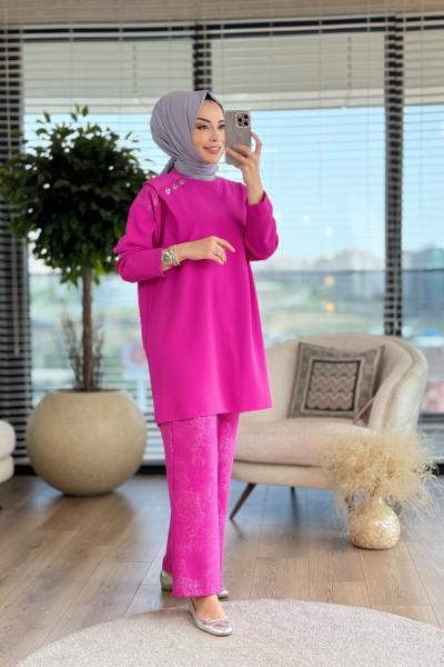 10408 Pantolon Varak Detaylı Takım Fuşya
