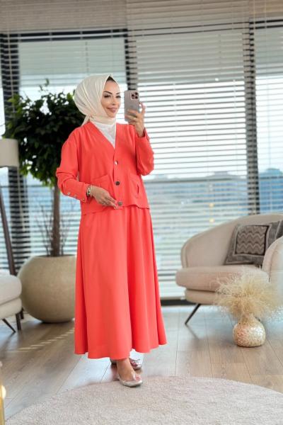 14224 Üst V Yakalı Hırka Takım Mercan