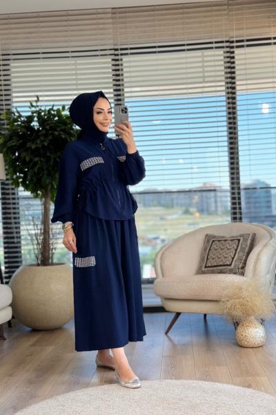 14225 Cep Kapağı Zımba Detaylı Takım Lacivert