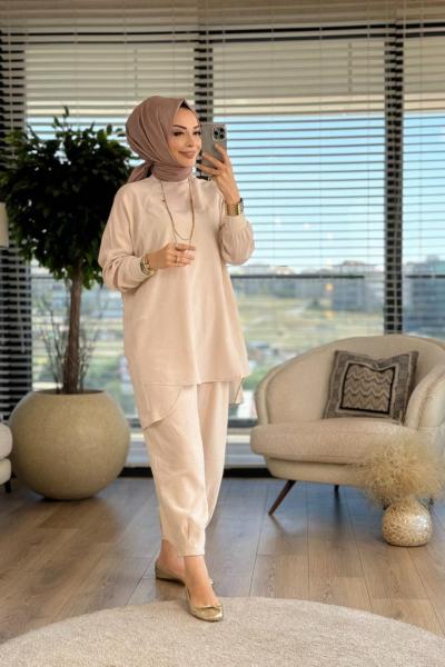 14228 Kırışık Keten Kumaşlı Takım Bej